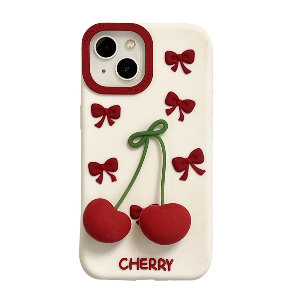 

3D Cute Cartoon Bowknot Cherry Soft Silicone Phone Case for iPhone 17 16/15 /14/13/12 ProMax - Back Cover Protect,Durable Shell