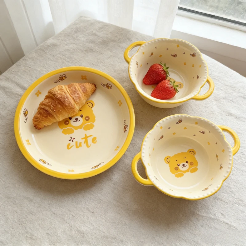 

New Bee Bear Pattern Underglaze Ceramic Tableware Set Household Rice Bowls Soup Bowls Dinner Plates Kitchen Daily Use Dinnerware