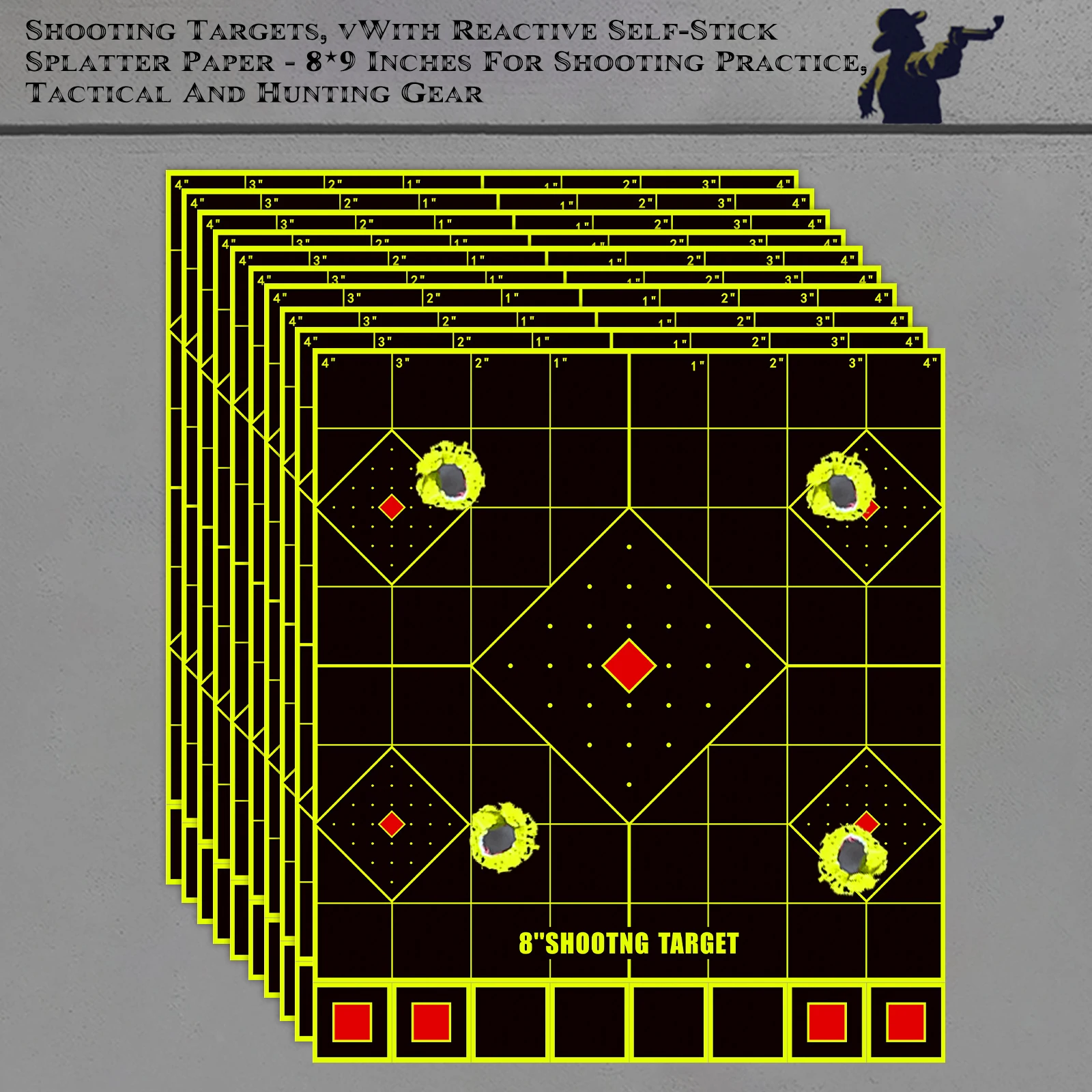 10 قطعة 8 بوصة * 9 بوصة "أرقام مربعة" ورق هدف ذاتي اللصق مع مركز أحمر مربع لممارسة الرماية ملصقات مستلزمات التدريب على الرماية ملصقات ألوان الفلورسنت (يمكن استخدامها لممارسة المسدس الحقيقيقي)