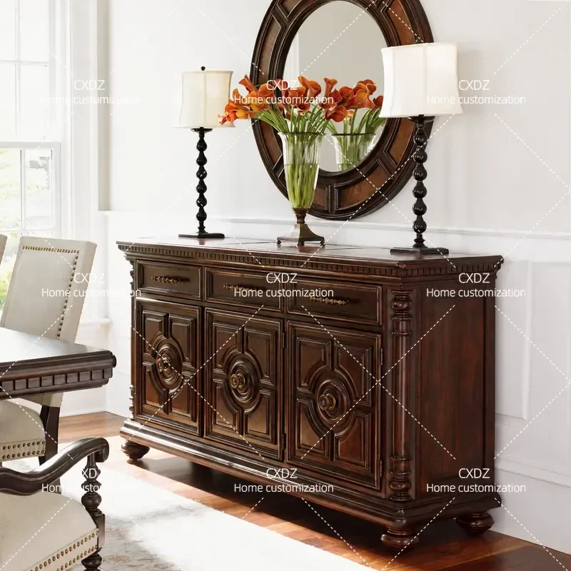 All Solid Wood Antique Dining Side Cabinet Three Door Storage Cupboard Villa Large Apartment High End Sideboard