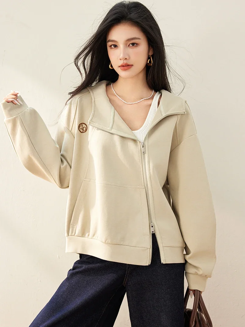 2024 New Spring Autumn Women Loose Short Hooded Sweatshirt High Quality Fashion Diagonal Zipper Apricot Cardigan Hoodies