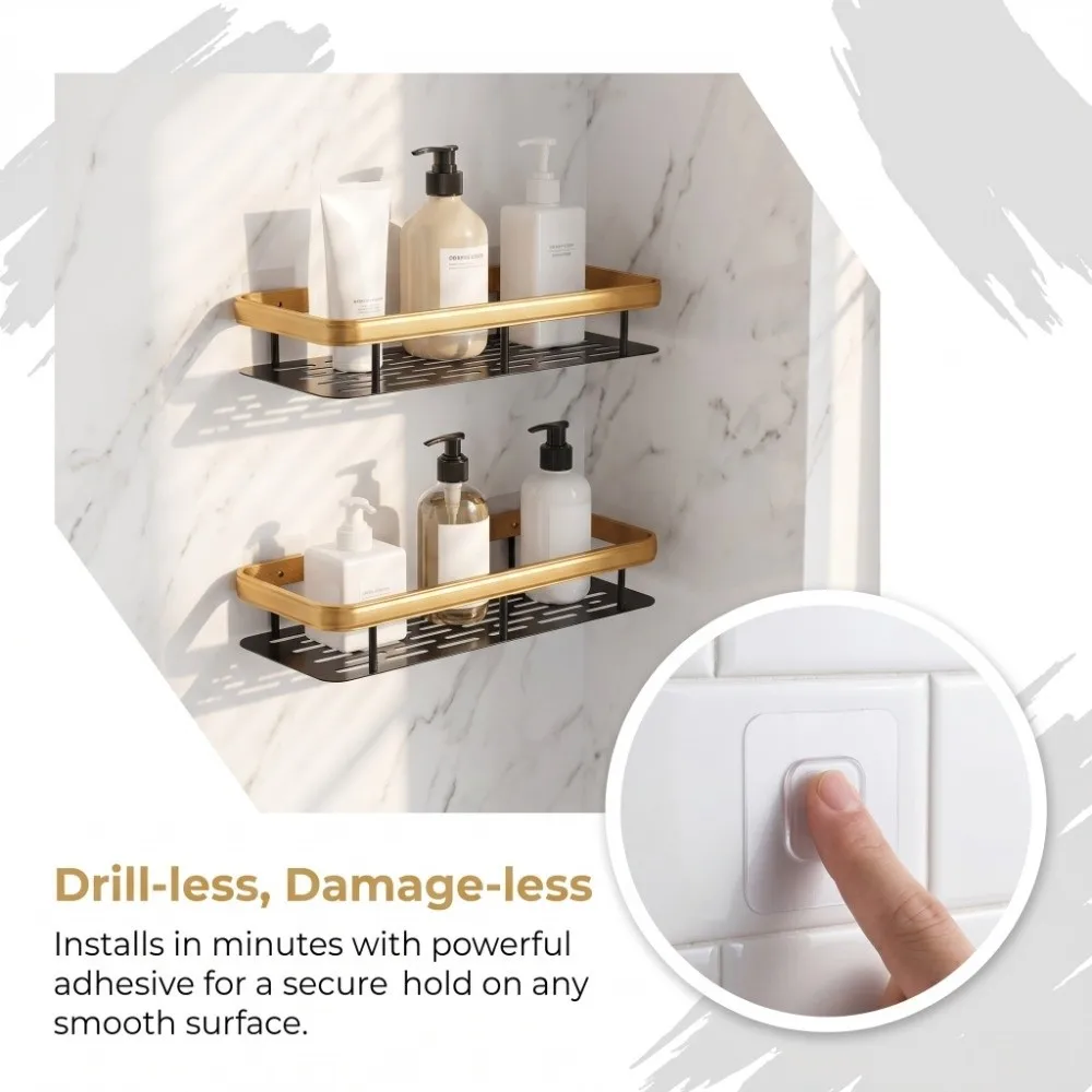 Aluminium Shower Shelf Black Gold Single Tier Shower Organizer Rustproof No Drill Installation Bathroom Shelf Rack
