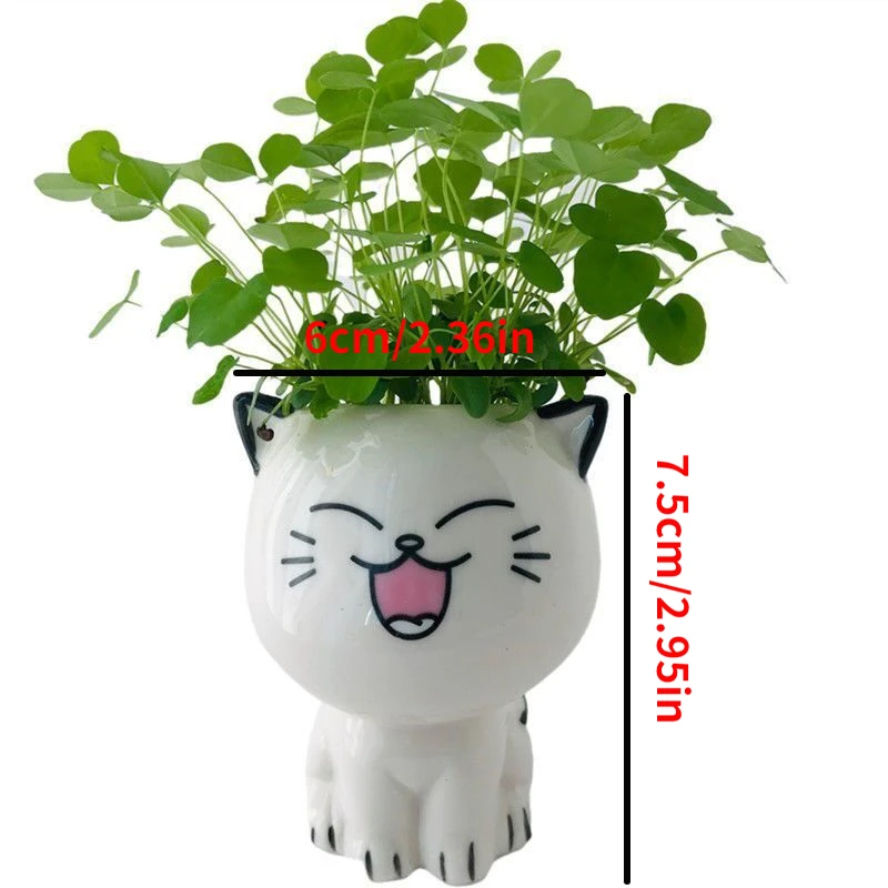 Vaso de cerâmica mini gato em forma de desenhos animados bonito vaso de mesa planta expressão vaso de mesa gato planta vaso de mesa decorar pequeno