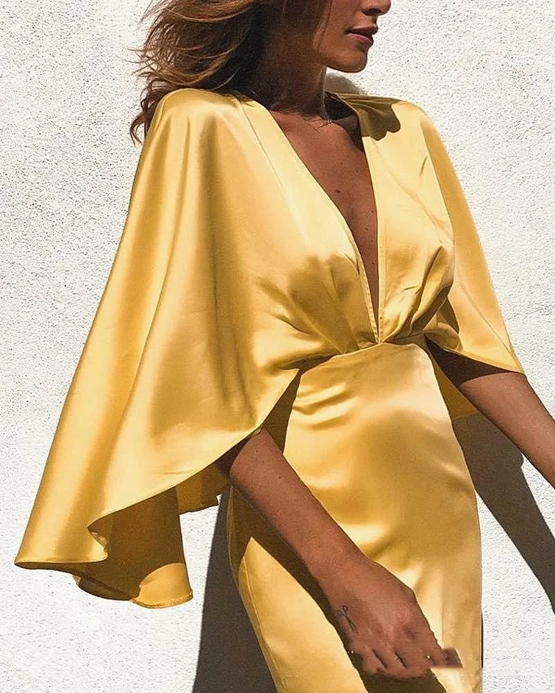 Ele Yellow Satin Dr with awl V-Neline Draped Evening Gown for Women Sli Autumn Faion Ladies' Dr