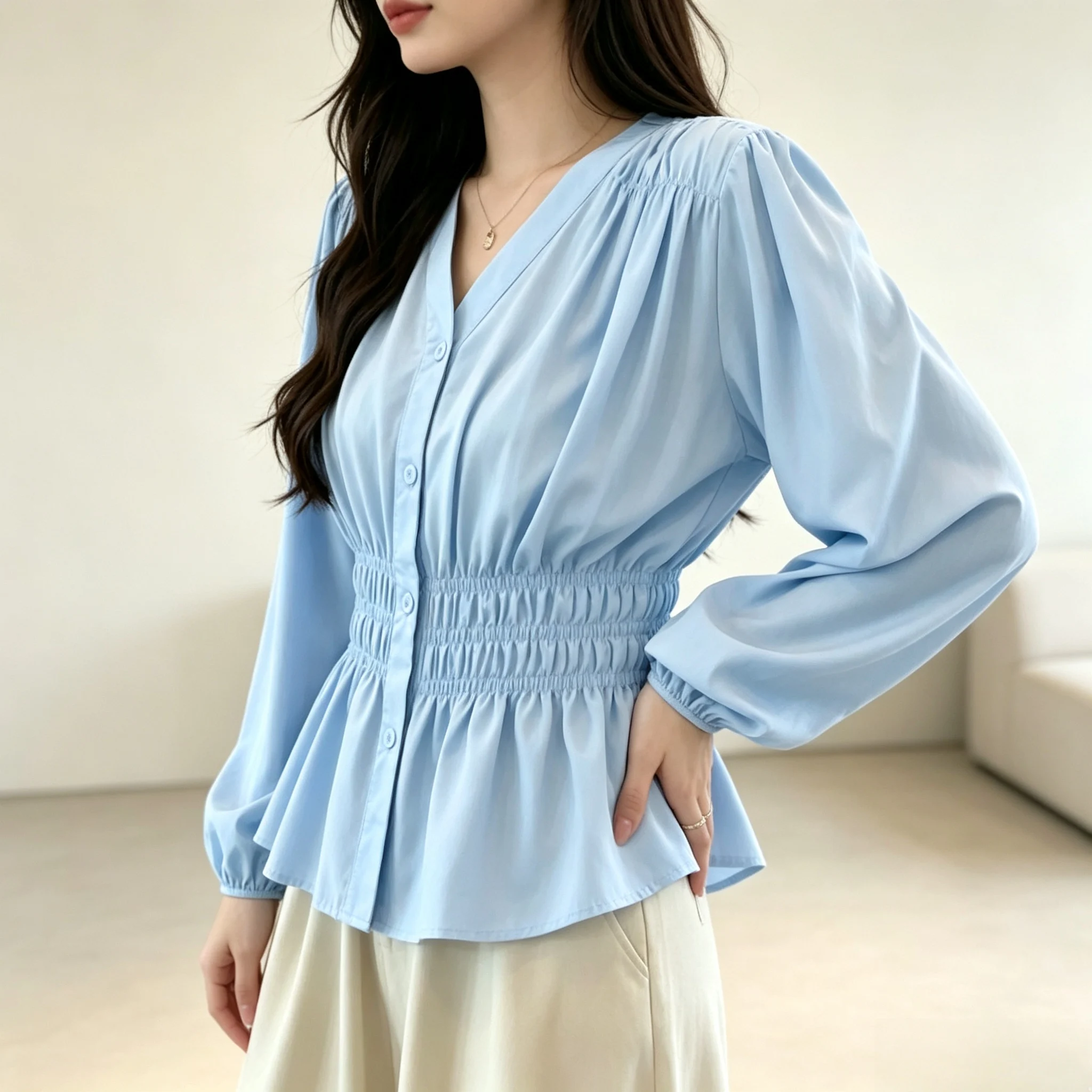 Übergröße 200 Pfund Bürodamen-Hemd & Bluse Herbst Elegantes Basic-Oberteil V-Ausschnitt Elastische Taille Damenkleidung Französisch-Schick Koreanisch – Detail 6