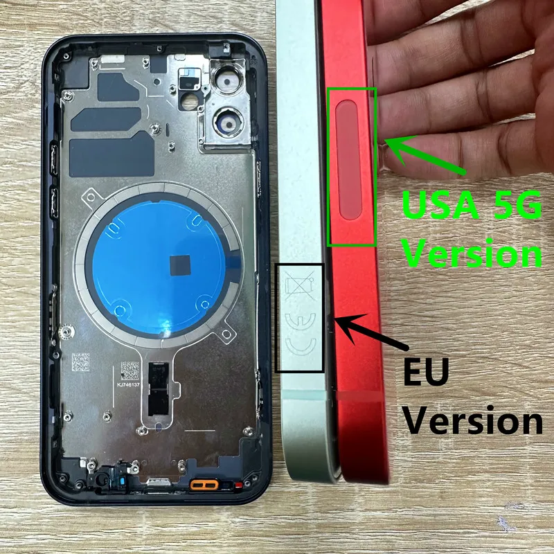 Cubierta trasera para iPhone 12, 5G, versión estadounidense, puerta trasera de batería, cristal trasero con marco medio, bandeja SIM, piezas de repuesto para llave lateral