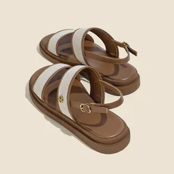 Low Sandals Woman Leather Low-heeled Rome Fabric Slides Rubber Hoof Heels Low Sandals Woman Leather Low-heeled Fabric Rubber Sli