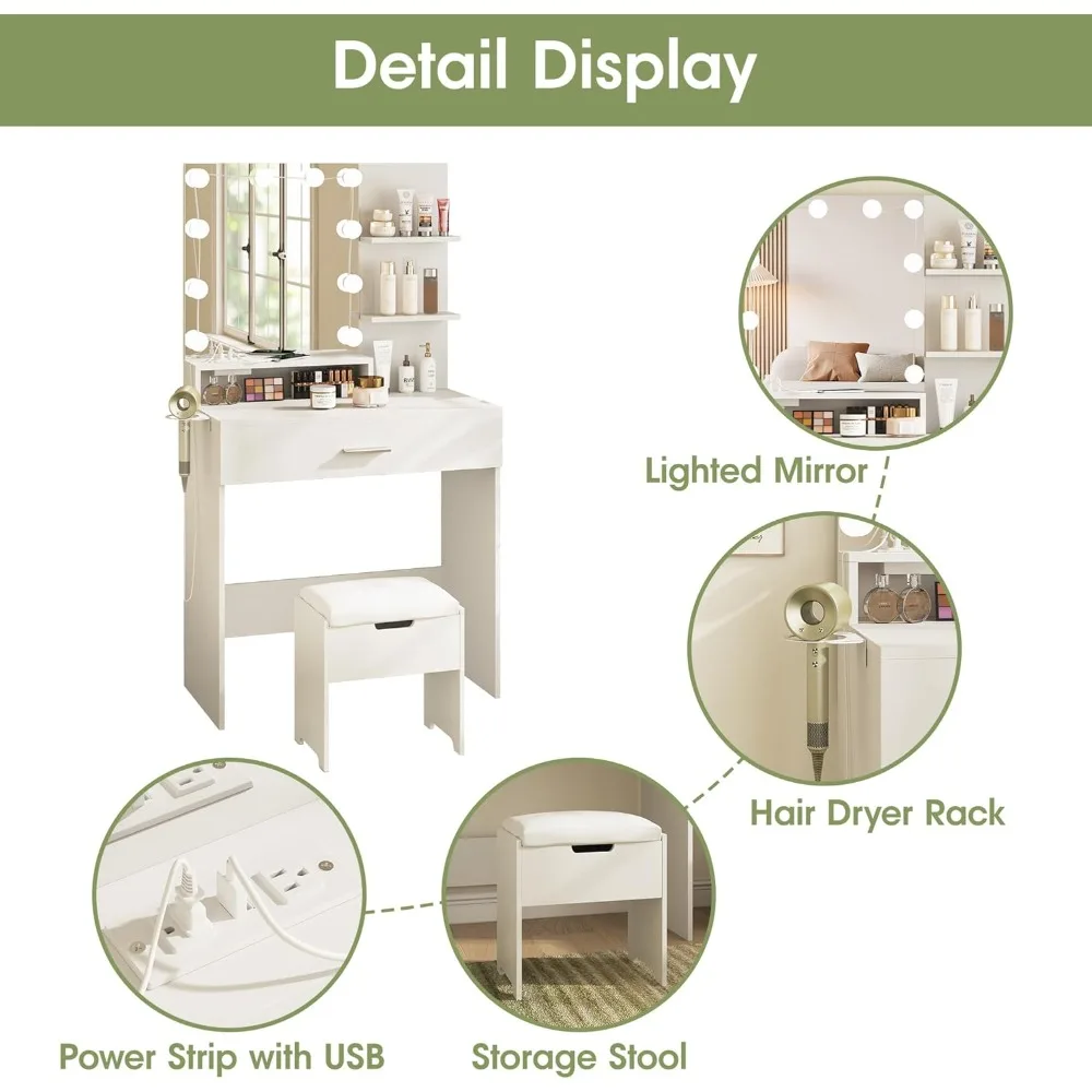 Makeup Vanity Table with Lighted Mirror & Power Strip, White Vanity Set, Lots Storage, 3 Lighting Modes, Brightness Adjustable