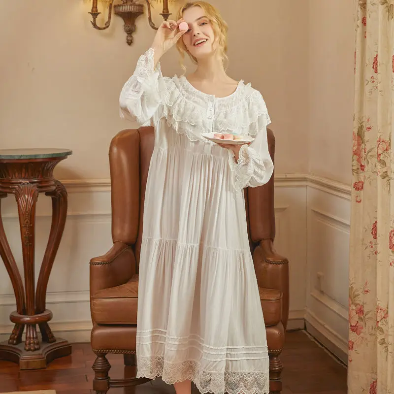 Women Long Sleeve Romantic Vintage Nightgown Dressing Gown Sleepwear Large Size Loose Peignoir Robe Victorian White Night Dress