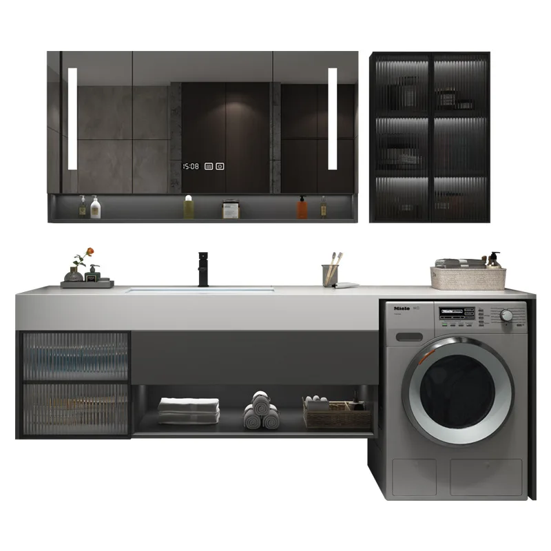 Lavabo de cerámica de losa de roca de empalme simple y sin costuras moderno, gabinete de lavadora