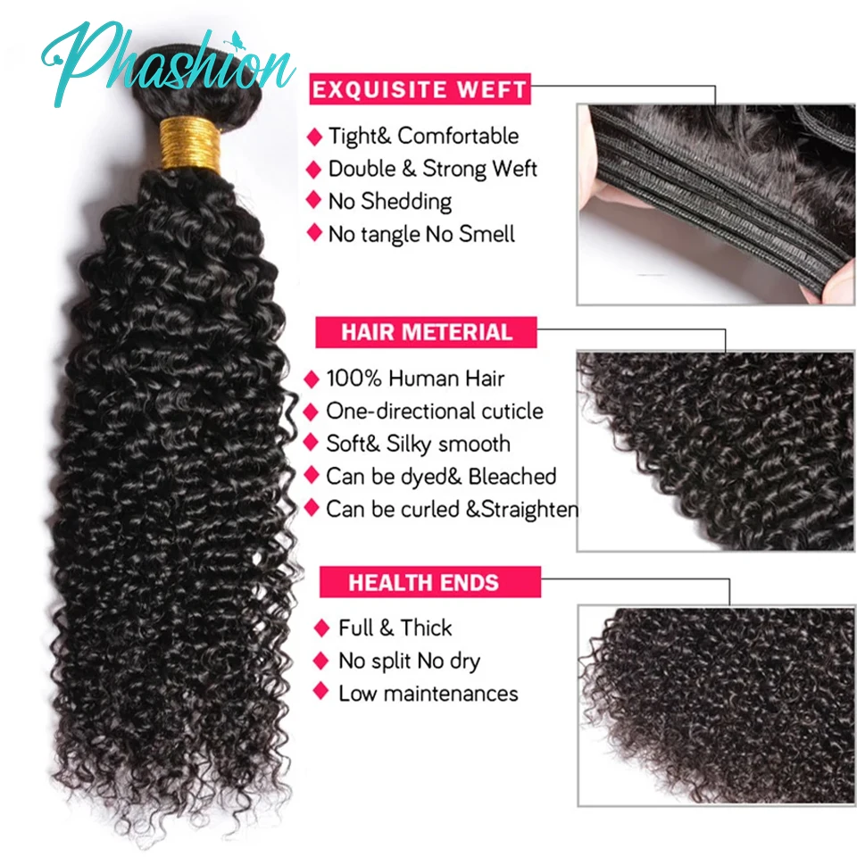 Phashion-mechones de cabello humano rizado para mujeres negras, extensiones de cabello Remy 100% de 30 y 32 pulgadas, tejido brasileño, 1/3 piezas/lote, a la venta