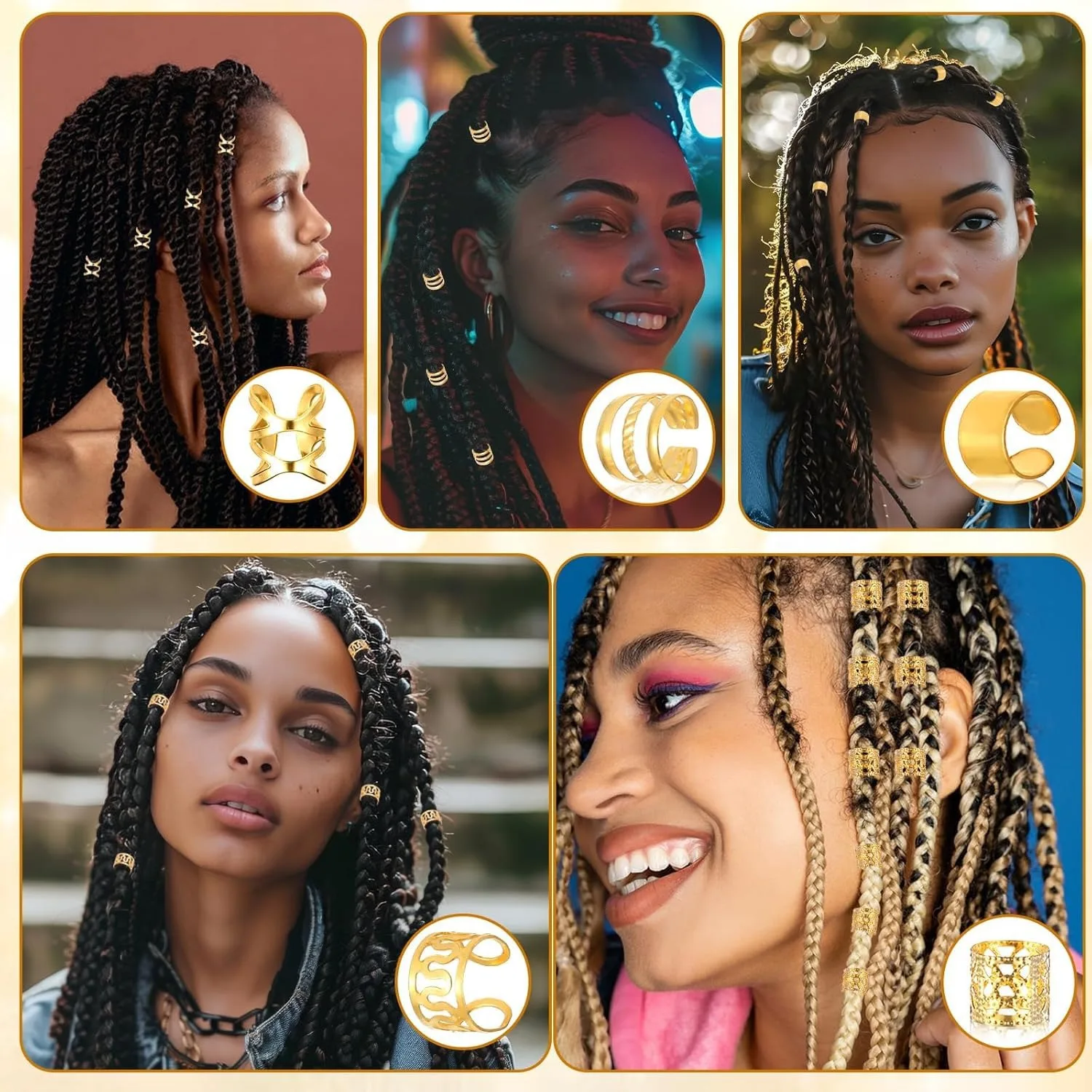

Fashion 40 Piece Gold Silver Plated Hollow Hair Ring Set for Dreadlock Braid Extension Combo Accessory
