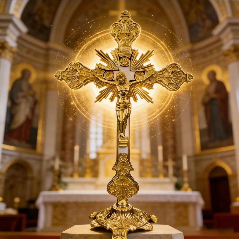 Neues 2026 Traditionelles Vergoldetes Orthodoxes Kruzifix mit INRI-Gravur, Stehendes Kreuz für Altarausstellung und Gottesdienst-Rituale, Geschenk – Detail 13