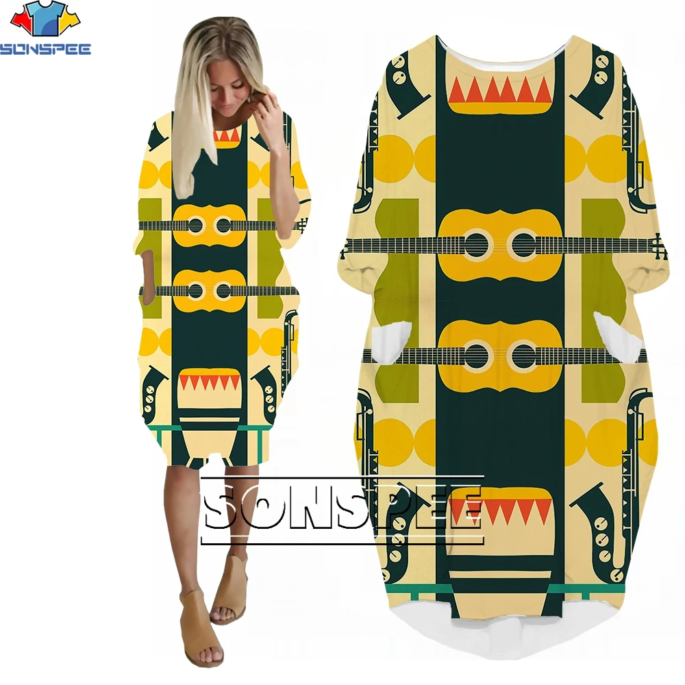 

SONSPEE Guitar Saxophone Ladies Long Sleeve 3D Print Pocket Girly Loose Dress Robe Fashion 2022 Living Homewear Street Hip Hop