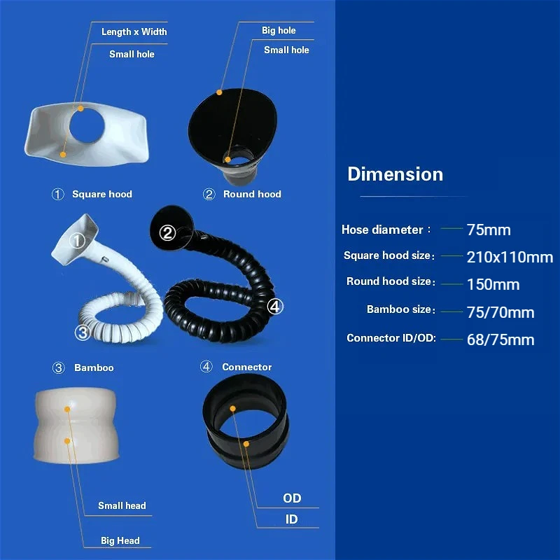 75mm POM Flexible Smoke Exhaust Ventilator Pipe for Soldering Smoke Extractor Welding Fume Arms with Square/Round Hood L0.8-1.8m