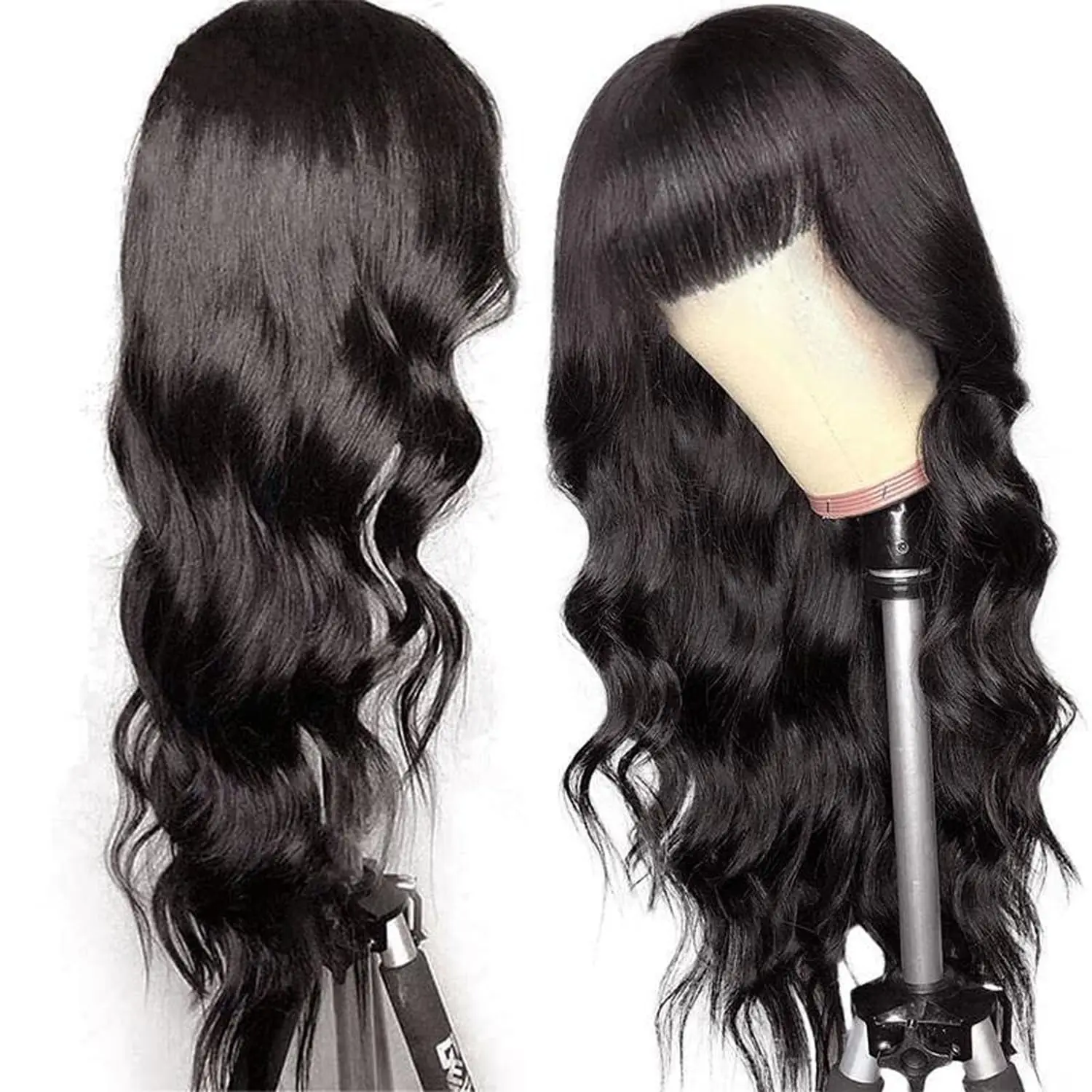 Body Wave Human Hair Wigs With Bangs 180% Density Body Wave Wig With Bangs Full Machine Made Fringe Wig Natural Virgin Hair Wigs