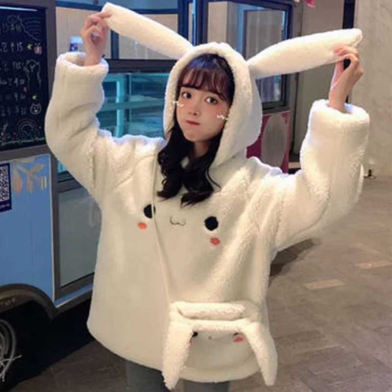 

Kawaii Rabbit Ears Hooded Sweatshirts Women Imitation Lamb Plush Thick Loose Casual Pullovers Autumn Winter Warm Leisure Hoodies