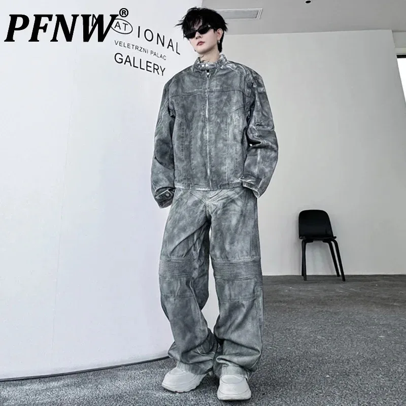 

PFNW Men's Spray Painted Suit 2024 Autumn Chic Stand Collar Pleated Design Long Sleeve Jacket High Street Wide Leg Pants 28W4524