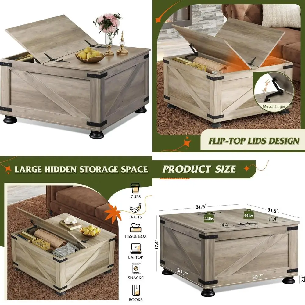 Mesa de centro quadrada de madeira com tampas articuladas e grande armazenamento oculto para móveis de sala de estar