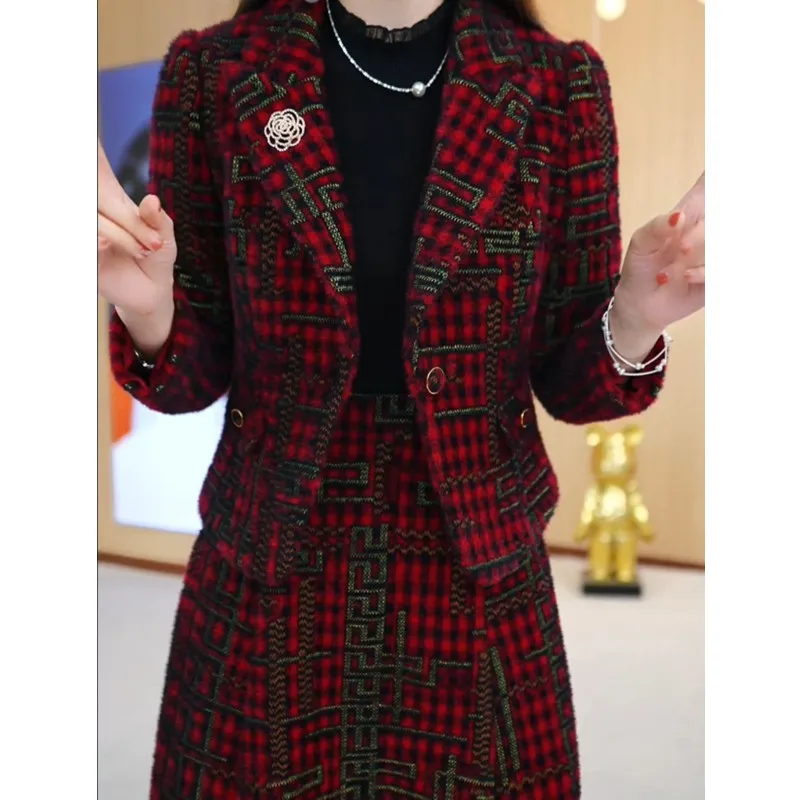 Autumn and winter Korean version new retro top+fashionable printed skirt two-piece set