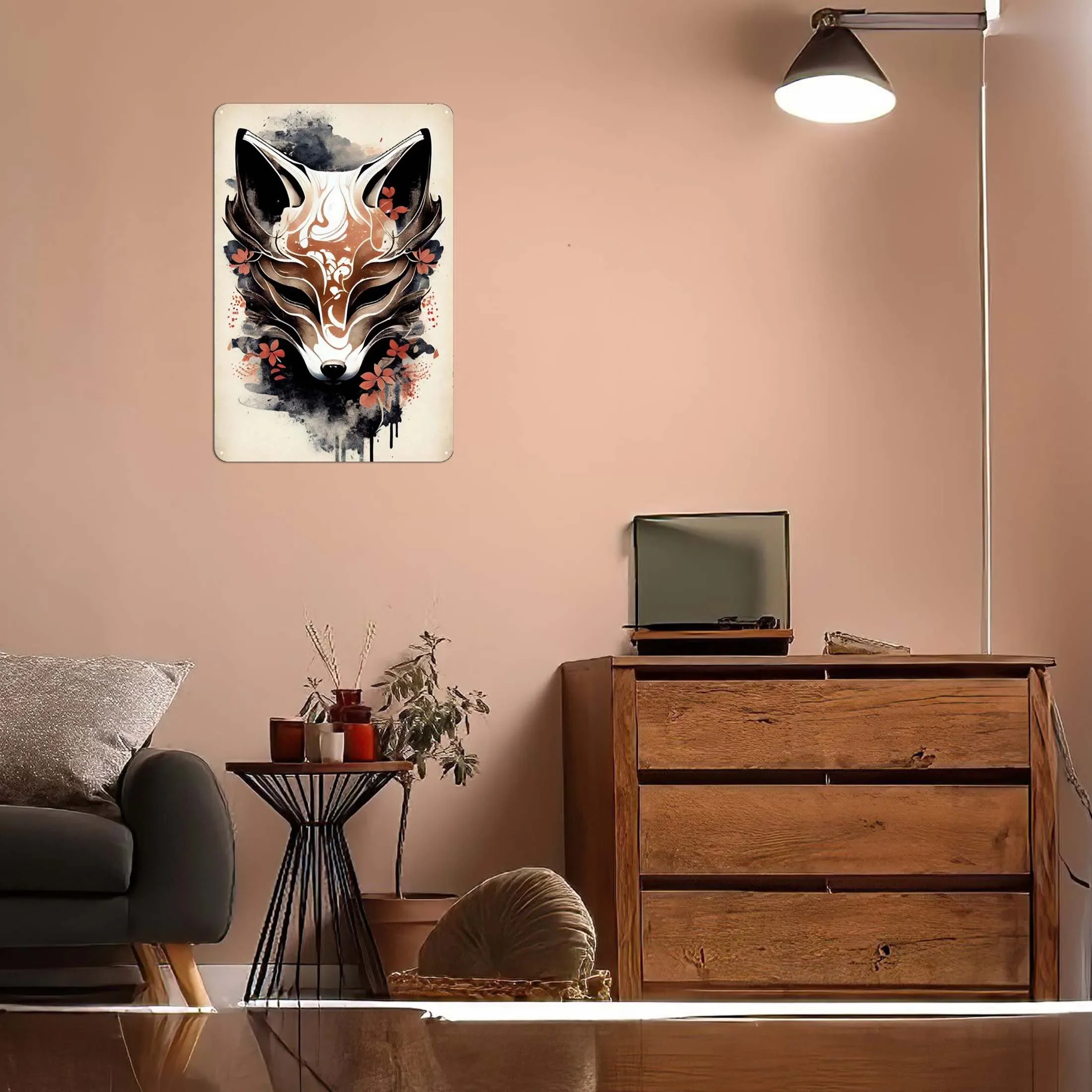 Kitsune Fox Mask Ink Wash Metal Poster Custom Sign Vintage Metal Tin Sign Plaques for Living Room Wall Art Decoration Retro Home