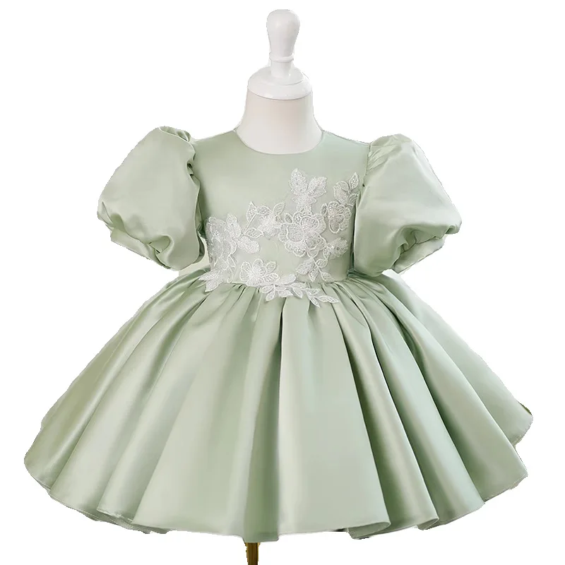 2024 Sage Green Girls Princess Satin Dress for Birthday Ceremonies Wedding Party Flower Girls Size 1-14 Gown Beaded Applique