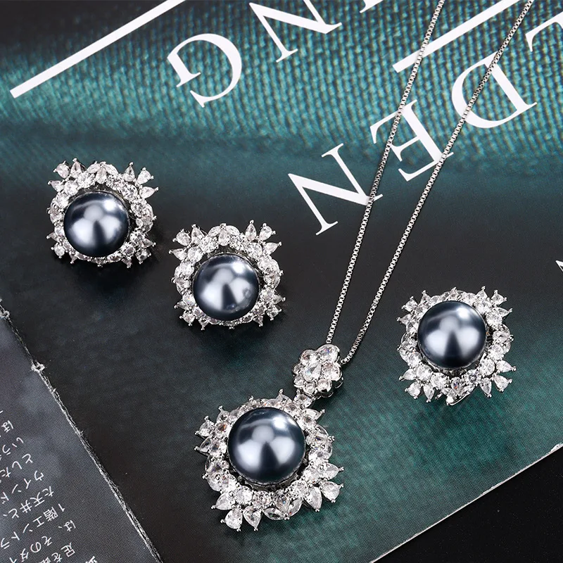

Jewelry Pearl Necklace Pearl Ring Set Silver Needle Earrings New Three-Piece Set