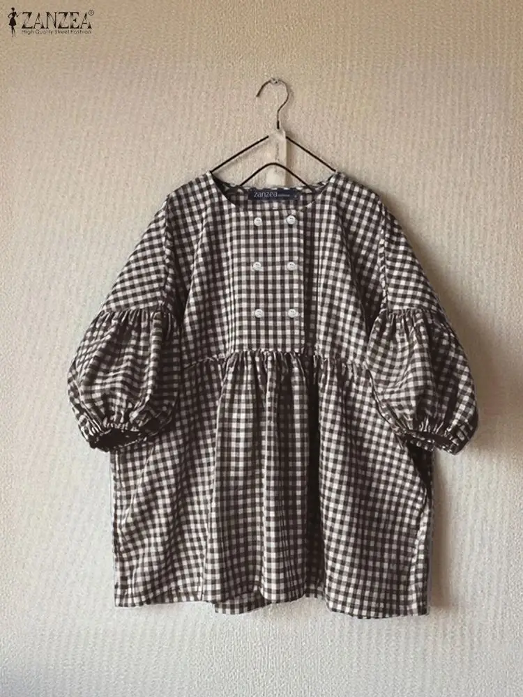 ZANZEA Lässige Gingham-Blusen für Damen, Sommer 2022, O-Ausschnitt, kurze Laternenärmel, karierte Babydoll-Oberteile, Alltagskleidung, Damenbekleidung, 3XL