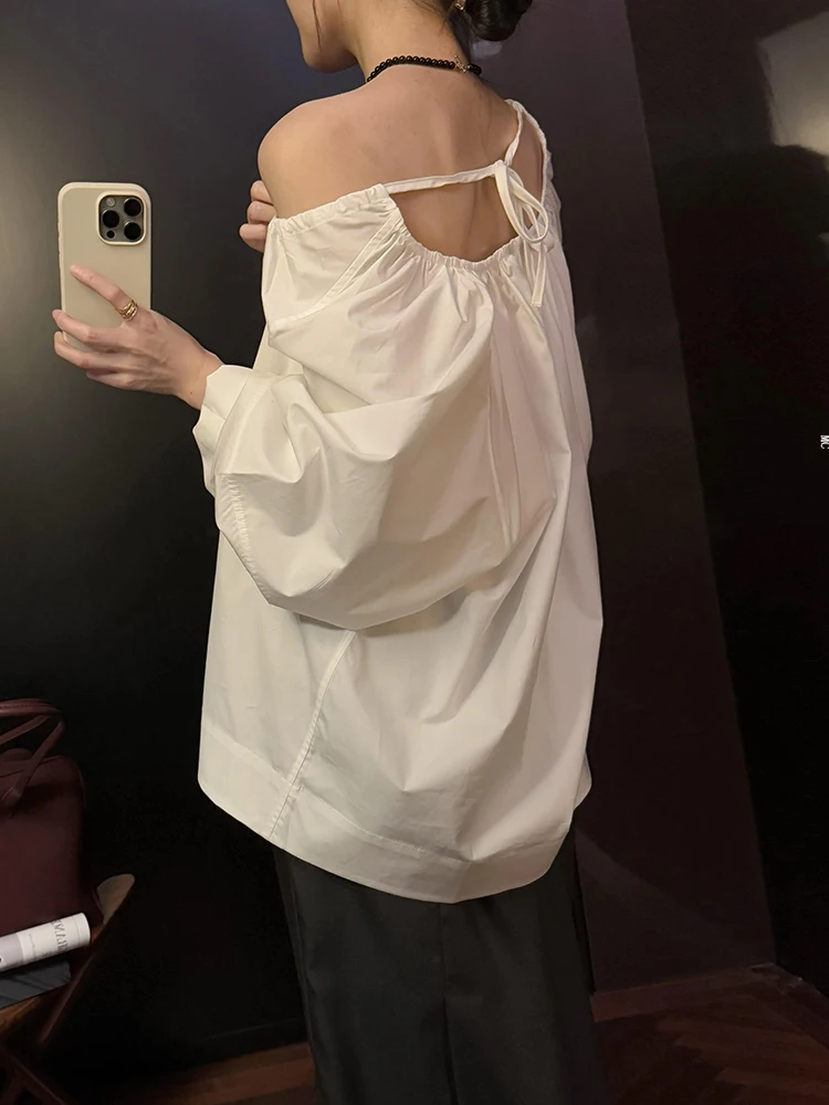 

Korean Chic Shirts Solid Color Lace-up Back Hollow Out Pleated Blouses French Design Loose Tops 2025 All Match Women's Clothing