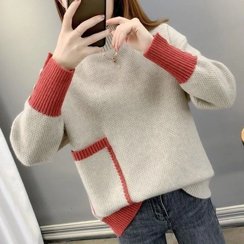 New Autumn and Winter Fashion Thickened Half High Neck Colored Loose and Versatile Western Women\'s Knitted Long Sleeve Sweater