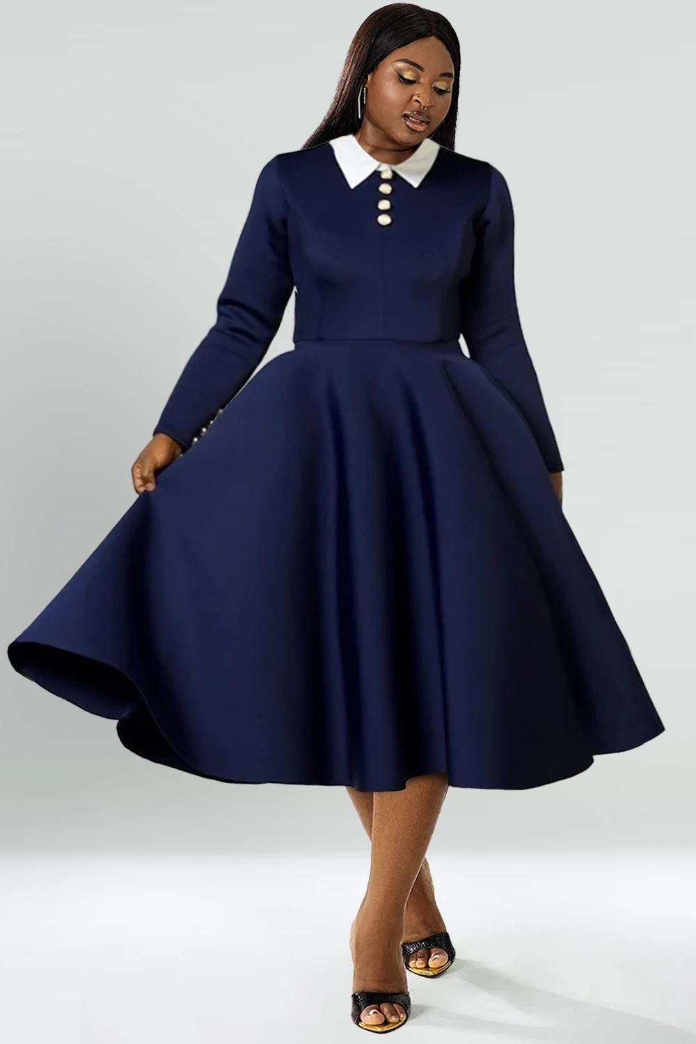 Women\'s Plus Size Pleated A-Line Dress Festival Dress Navy Blue Button Long Sleeve Turn Down Collar Patchwork Casual Midi Dress