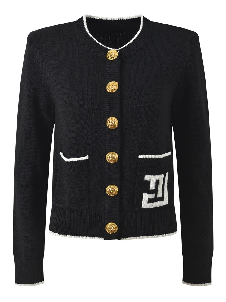 High-End Knitted Long Sleeve round Neck Open Cardigan Women's Fashion Color Block Luxury Style Girl's Winter Warm Knitwear