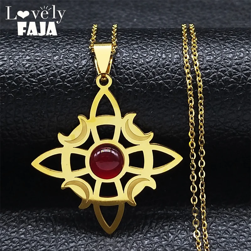 New Celtic Knot Crescent Moon Pendant Necklace for Women Red Stone Stainless Steel Viking Necklace Fashion Witch's Knots Jewelry