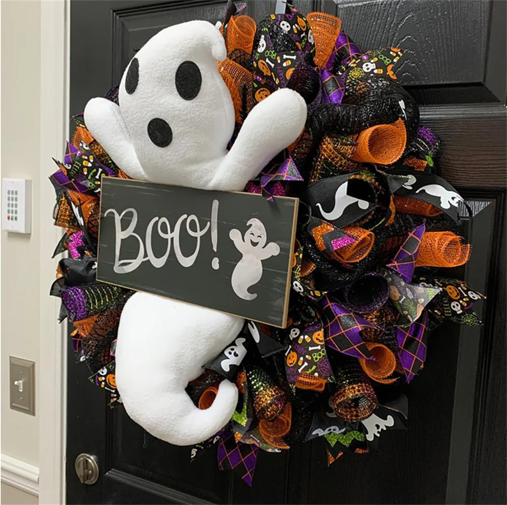 Halloween Cute Ghost Doll Wreath BOO Wall Front Door Hanging Decorative Ghost Wreath Halloween Pendant Party Supplies 40*35cm