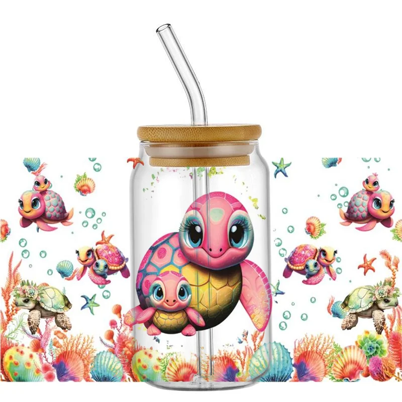 

Водонепроницаемые виниловые наклейки DTF с рисунком морской черепахи для стаканов Libbey 16 унций, долговечные наклейки для холодного переноса