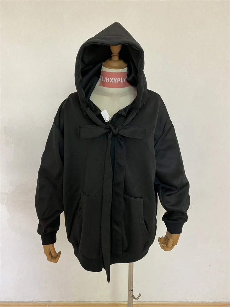 Solid Color Strap Design Women's Casual Hoodie Autumn New Street Style Unisex Sweatshirt Female Long Sleeved Pullover