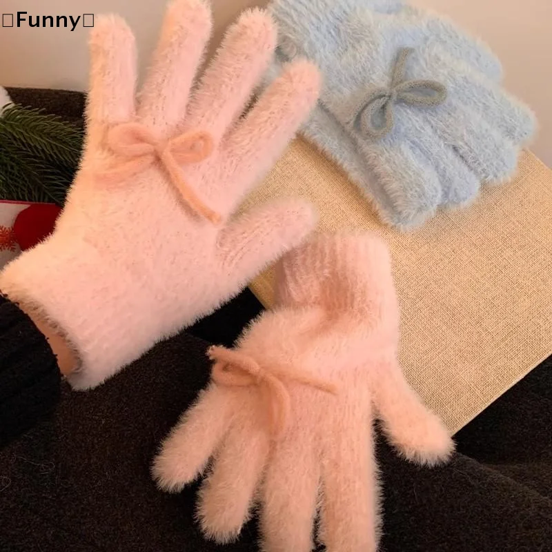 

tipoFunnyezioneПлюшевые милые вязаные перчатки с узлом-бабочкой для женщин в зиму, антифризные велосипедные теплые перчатки, перчатки с пятью пальцами