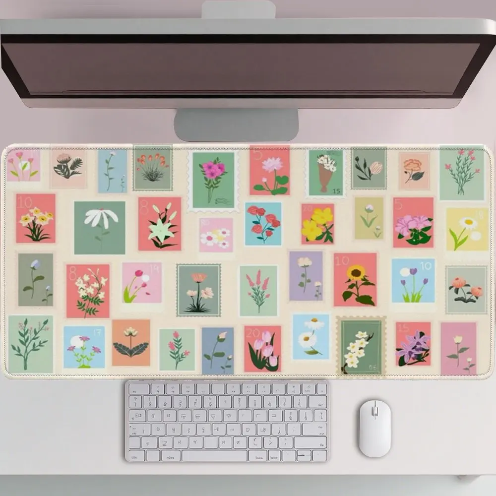 Floral Postage Stamp Mouse Pad Desk Mat Non-Slip Rubber Pastel Office Workstation Mat
