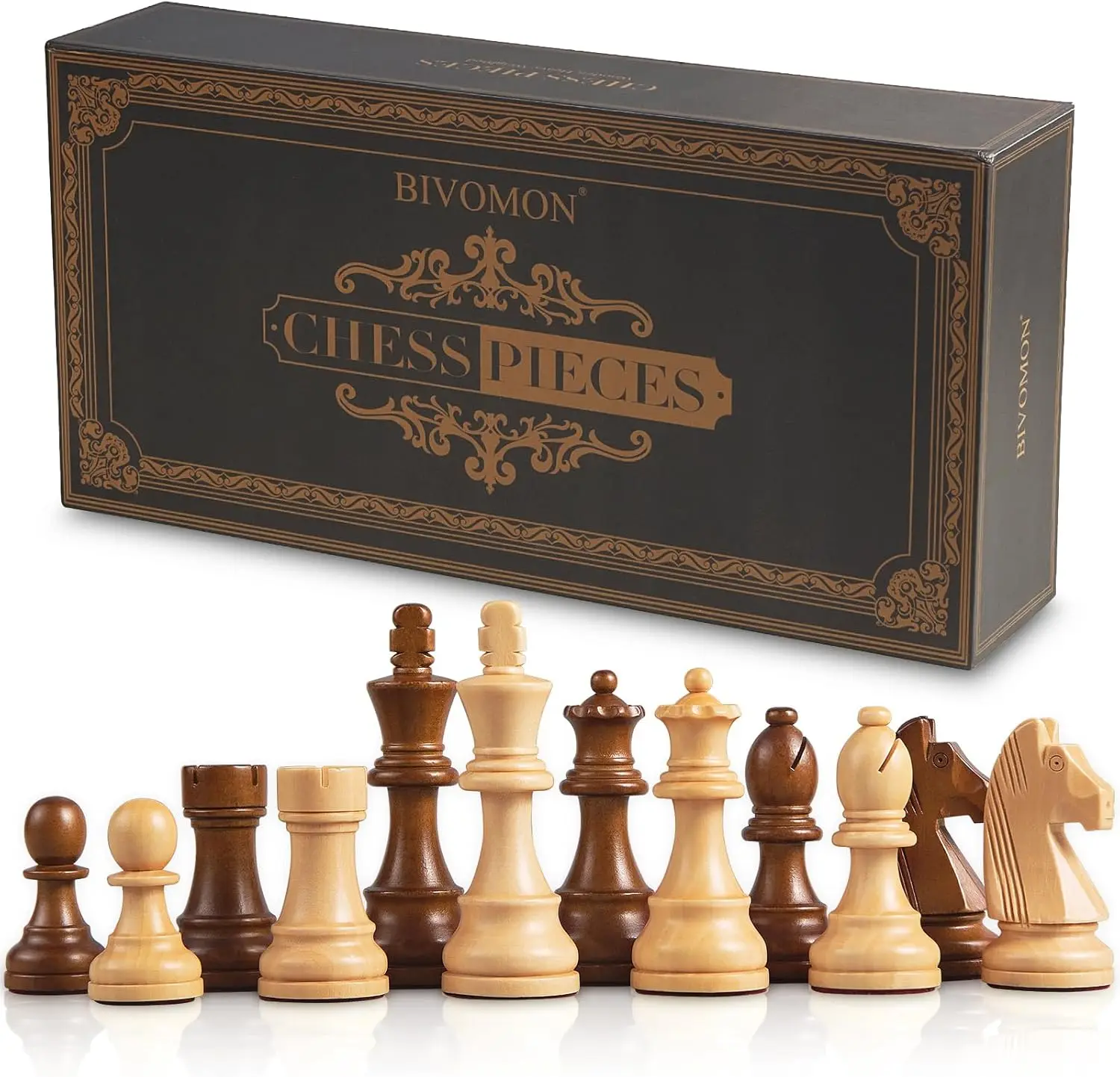 

Wooden Chess Pieces Only, Heavy Weighted Tournament Set, 2 Extra Queens, 3.8' King Height, Replacement & Gift Packaging