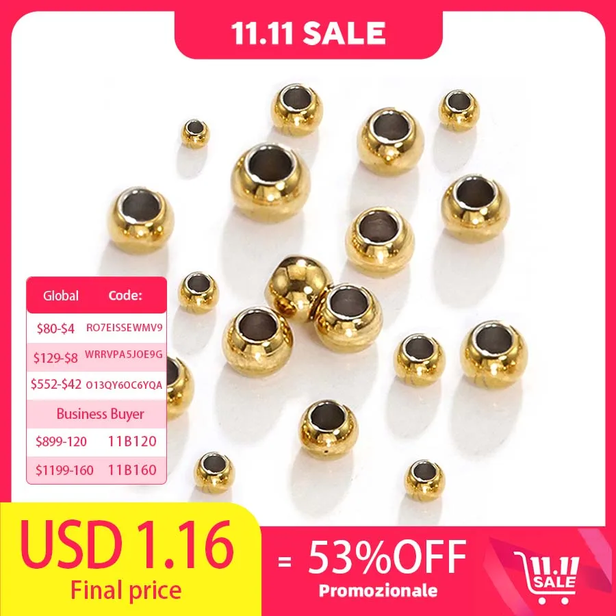 100pcs 2-8mm Stainless Steel Gold Color Spacer Beads Charm Loose Bead DIY Bracelets Necklace Beads for Jewelry Making Charms