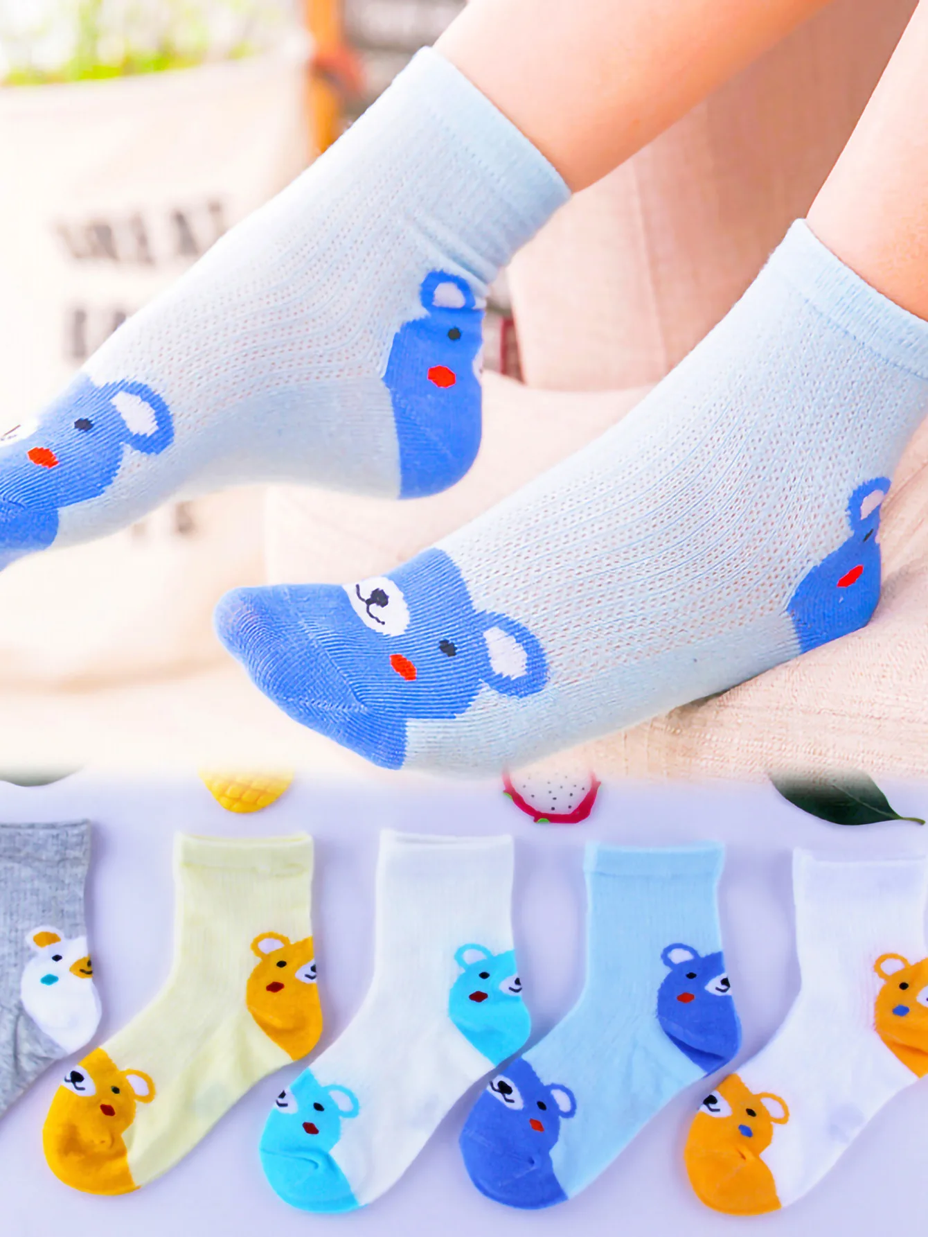 5 Pairs Children Cute Cartoon Rat Mesh Socks Soft Breathable Cotton Mid Tube Socks Summer Thin Kids Socks for Boys Girls