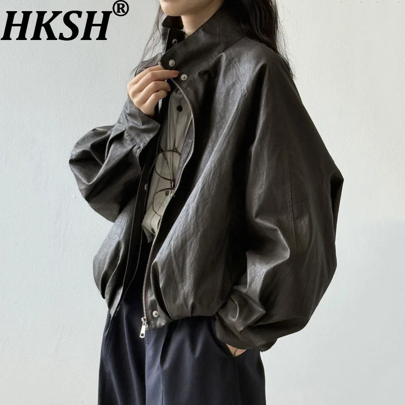 HKSH ربيع الخريف جديد سترة نسائية بولي Leather الجلود الوقوف طوق سستة بلون الأمريكية الرجعية الراقية Ins معطف غير رسمي HK13660