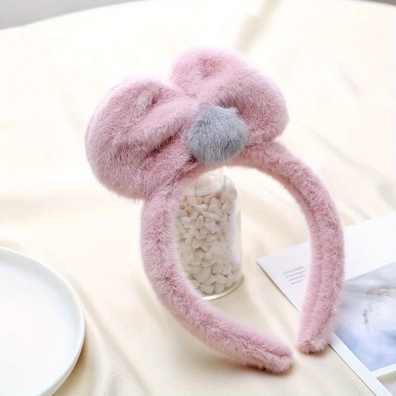 

Plush Deer Antler Hair Band Korean Minimalist Design with Pink Bow Japanese Cute Style Headwear for Women Accessories