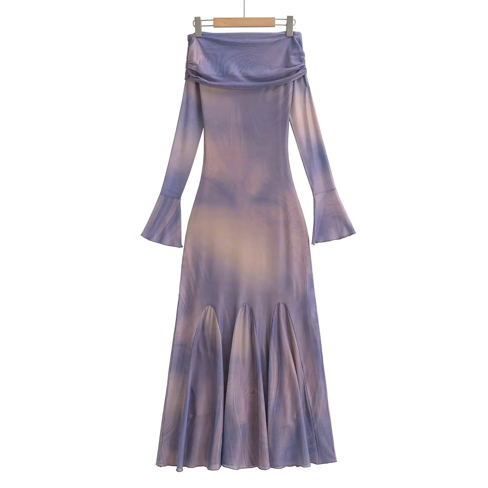 Ele Tie Dye off oulder Bodycon Fi Tail Long Dr with Net Sve High Class Aosphere Spring New Sle Women's Dr