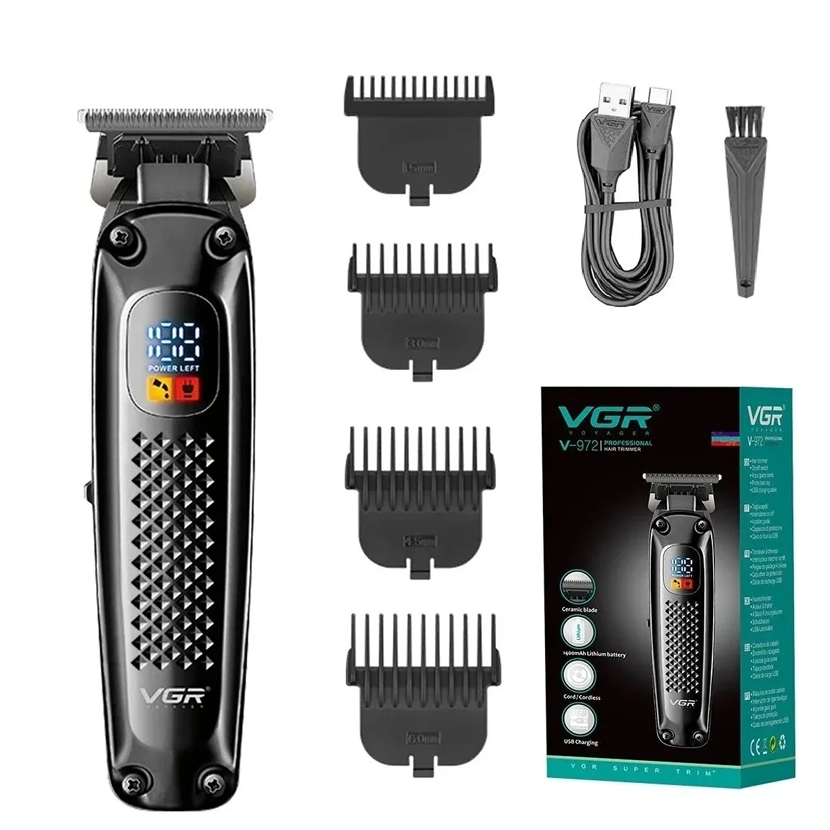 VGR Hair Clipper Professional Hair Trimmer Rechargeable Barber Clippers Cordless Trimmer LED Display Hair Clipper for Men V-972