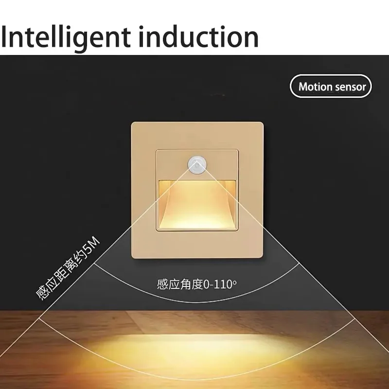 3W Recessed LED Wall Lamp Intelligent Induction Stair Lamp Step Lamp Stair Lighting Corridor Interior Decoration Night Light