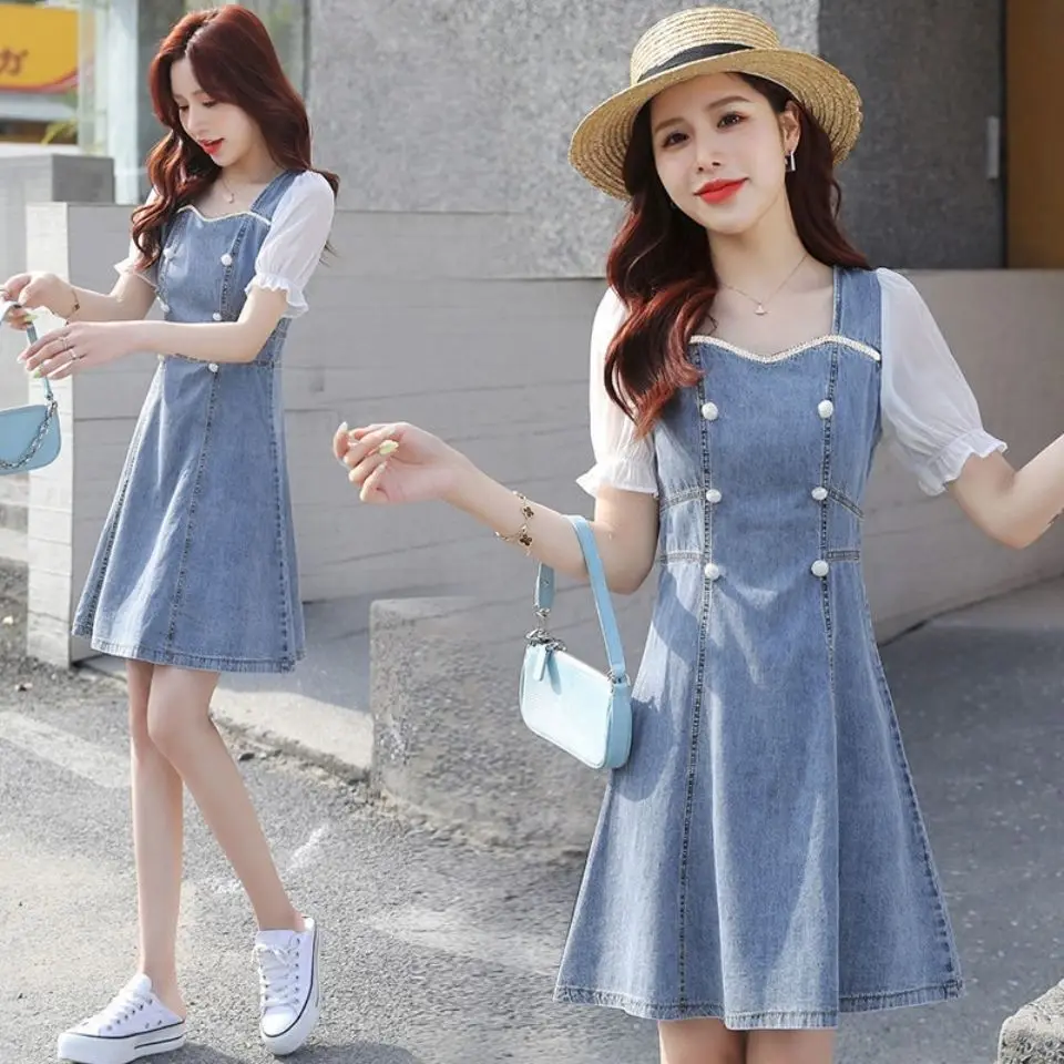 

Women's Summer Graceful Denim Patchwork Mini Dress 2022 Korean Lady Fashion Joker Dresses Casual Thin A-Line Dress Female