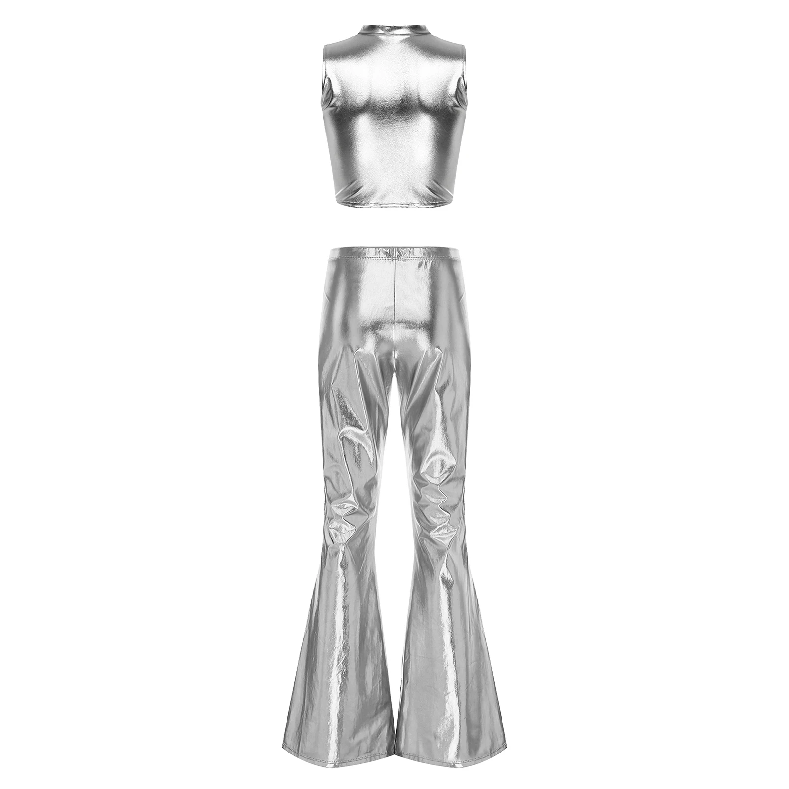 Shiny Women Metallic 70s 80s Disco Dance Outfits Party Sleeveless Slim Vest Bell-bottom Flared Pants Set for Stage Performance