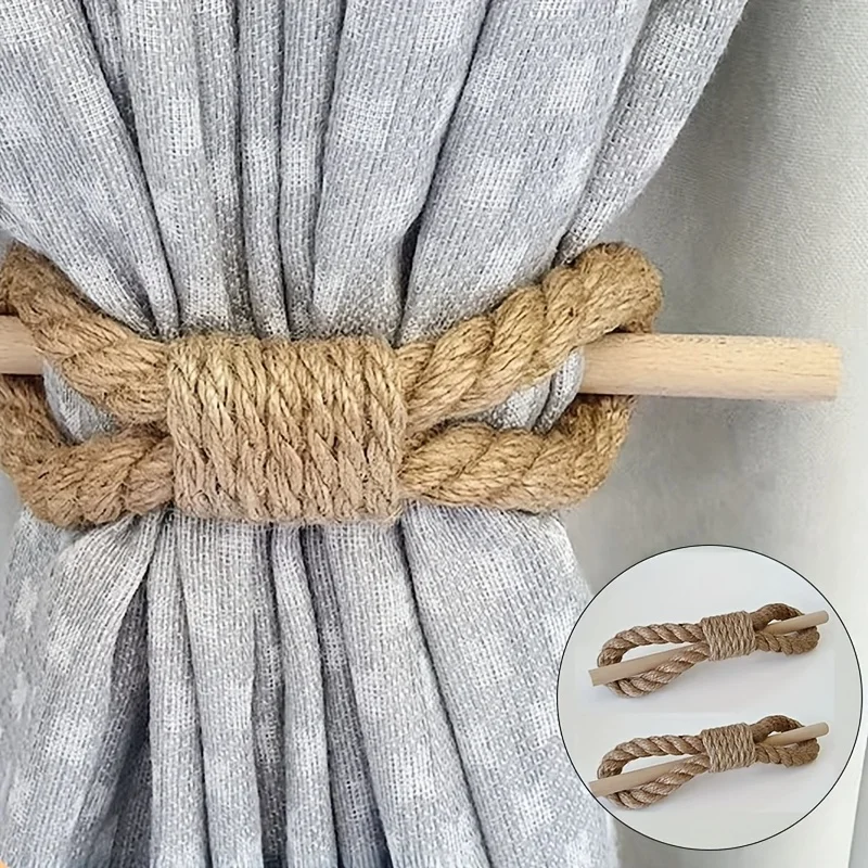 2 Pcs Bohemian Curtain Tiebacks - Recycled Wood with Natural & White Finish, Boho Home Decor Holdbacks