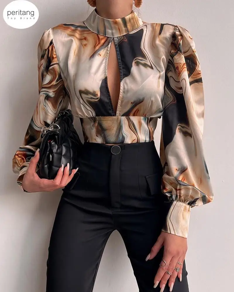 Women Sexy Backless Hollow Print Shirts Fashion Party Crop Top 2024 Spring Casual Stand Long Sleeve Office Lady Blouses And Top